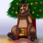  1:1 balls bear brown_bear christmas christmas_decorations christmas_lights christmas_ornament christmas_present christmas_tree feral genitals grizzly_bear hair hi_res holidays kuruk_(character) mammal mane mane_hair pawpads paws plant sitting sylvertears tree ursine 