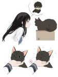  1girl animalization black_hair black_sailor_collar cat chitanda_eru grey_neckerchief highres hyouka kamiyama_high_school_uniform_(hyouka) long_hair mery_(yangmalgage) multiple_views neckerchief oreki_houtarou sailor_collar school_uniform serafuku simple_background upper_body white_background 