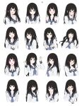  1girl :o :t absurdres bangs black_hair black_sailor_collar chitanda_eru closed_mouth cropped_torso embarrassed expression_chart expressions hand_up hands_over_own_mouth hands_up highres hyouka kamiyama_high_school_uniform_(hyouka) long_hair looking_at_viewer mery_(yangmalgage) multiple_views neckerchief open_mouth pink_neckerchief pouty_lips purple_eyes sailor_collar scared school_uniform serafuku shirt simple_background white_background white_shirt 