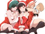  3girls bangs black_necktie black_socks blonde_hair blue_eyes blush breasts brown_hair chainsaw_man character_doll christmas cleavage collared_shirt cross-shaped_pupils crying crying_with_eyes_open denji_(chainsaw_man) doll_hug dress eyepatch fur-trimmed_dress fur-trimmed_sleeves fur_trim green_hair hair_between_eyes hair_ornament hairclip hat higashiyama_kobeni highres himeno_(chainsaw_man) horns horns_through_headwear large_breasts leaning_on_person long_hair looking_at_viewer looking_to_the_side medium_hair multiple_girls necktie object_hug open_mouth pout power_(chainsaw_man) pull_cord raneblu red_dress red_eyes red_horns red_sleeves santa_hat seiza sharp_teeth shirt short_hair simple_background sitting smile socks swept_bangs symbol-shaped_pupils tears teeth white_background white_shirt yellow_eyes 