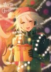  1boy :d android bangs blurry blurry_background box cheer_(cheerkitty14) christmas_tree closed_eyes danganronpa:_trigger_happy_havoc danganronpa_(series) facing_viewer gift gift_box grey_hair happy hat headphones highres holding holding_box keebo merry_christmas open_mouth power_armor red_headwear santa_hat short_hair smile solo teeth upper_teeth_only 