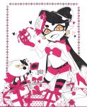  1girl bangs bare_shoulders belt black_belt black_hair black_thighhighs callie_(splatoon) choker christmas commentary crop_top earrings fangs flag food food_on_head fur-trimmed_gloves fur-trimmed_shirt fur-trimmed_shorts fur_trim gift gloves heart highres holding holding_gift jewelry judd_(splatoon) li&#039;l_judd_(splatoon) long_hair looking_at_another looking_at_viewer midriff mole mole_under_eye navel object_on_head okome_2g2g open_mouth partially_colored pointy_ears red_choker red_gloves red_shirt red_shorts red_thighhighs shirt short_shorts shorts side-tie_shorts smile splatoon_(series) standing star_(symbol) star_earrings striped striped_thighhighs swept_bangs tentacle_hair thighhighs yellow_eyes 
