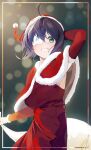  1girl ahoge bangs black_hair blurry blurry_background breasts capelet christmas chuunibyou_demo_koi_ga_shitai! cowboy_shot detached_sleeves dress eyepatch fur-trimmed_capelet fur-trimmed_headwear fur-trimmed_sleeves fur_trim grin gunu_(nyzn3223) hair_between_eyes hat highres holding holding_sack large_breasts looking_at_viewer red_capelet red_dress red_headwear red_sleeves sack santa_costume santa_hat shiny_hiar smile snowflake_print takanashi_rikka teeth 