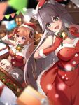  2girls :d absurdres animal_ears blonde_hair blush breasts cet_(hajisirazunoko) christmas cleavage detached_collar dress fur-trimmed_gloves fur_collar fur_trim gloves grey_hair hat highres hololive horns large_breasts multiple_girls open_mouth red_dress red_gloves red_headwear santa_costume santa_dress santa_hat sheep_ears sheep_girl sheep_horns shishiro_botan sleigh smile ssrb_(shishiro_botan) strapless strapless_dress tsunomaki_watame virtual_youtuber watamate 