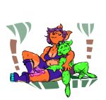  anthro boots bulge canid canine clothed clothing duo embrace female footwear fox fur glistening glistening_body goo_creature hair happy hug kincaid kobold lizard male male/female mammal mevka_(artist) orange_body orange_fur purple_hair relaxing reptile resting scalie simple_background sleeping smile the_adventures_of_kincaid 