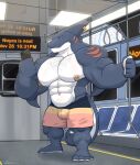  abs anthro bee_(maybee) big_muscles bulge chicago facial_hair hi_res huge_muscles hybrid looking_at_object looking_at_phone male muscular nipple_piercing nipples pecs piercing same22shark solo train vehicle 