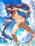  1girl :d bare_arms bare_legs bikini blue_sky breasts cloud day floating_hair floral_print from_below grey_eyes groin hair_over_one_eye ikkitousen kan&#039;u_unchou large_breasts long_hair low-tied_long_hair navel open_mouth outdoors print_bikini purple_hair shiny shiny_hair sky smile solo standing sunlight surfing swimsuit underboob very_long_hair 