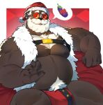  2022 anthro barazoku bear beard belly biceps big_belly big_bulge big_muscles big_pecs body_hair bulge chest_hair christmas christmas_clothing christmas_headwear claws clothed clothing dialogue_box eggplant eyebrows eyewear facial_hair food fruit fur glasses happy_trail harness hat headgear headwear hi_res holidays huge_muscles innuendo inviting kororoman looking_at_viewer male mammal mature_anthro mature_male musclegut muscular muscular_anthro muscular_male nipples pecs pictographics plant pubes ribbons santa_hat simple_background sitting smile solo thick_thighs thong topless topless_anthro topless_male tuft underwear 