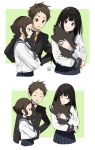  1boy 2girls absurdres animalization artist_logo black_hair black_sailor_collar black_skirt brown_eyes brown_hair cat chitanda_eru fukube_satoshi gakuran grey_neckerchief highres hug hyouka ibara_mayaka kamiyama_high_school_uniform_(hyouka) long_hair mery_(yangmalgage) multiple_girls neckerchief oreki_houtarou pleated_skirt purple_eyes red_eyes sailor_collar school_uniform serafuku short_hair skirt upper_body 