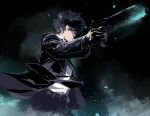  1boy belt black_belt black_hair black_jacket black_necktie black_pants business_suit cofffee collared_shirt dark_background formal gun holding holding_gun holding_weapon jacket kougami_shin&#039;ya looking_to_the_side necktie pants psycho-pass shirt solo suit suit_jacket weapon white_shirt 