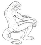  anthro beastars black_and_white claws eyes_closed furniture gosha hand_on_arm male monochrome nude open_mouth sharp_teeth simple_background sketch smile solo stool teeth teeth_showing thegreatmatsutzu white_background 