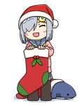  1girl black_pantyhose cardigan christmas_stocking closed_eyes commentary_request full_body fur-trimmed_headwear fur_trim grey_hair grey_sailor_collar grey_skirt hair_ornament hair_over_one_eye hairclip hama!_(3toshinhmkz) hamakaze_(kancolle) hat holding kantai_collection neckerchief no_nose pantyhose pink_cardigan pleated_skirt red_hair sailor_collar santa_hat school_uniform serafuku short_hair simple_background skirt solo standing stuffed_animal stuffed_shark stuffed_toy white_background yellow_neckerchief 