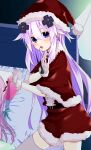  1girl adult_neptune blush box breasts christmas d-pad d-pad_hair_ornament gift gift_box hair_ornament hat highres holding holding_gift large_breasts long_hair long_sleeves looking_at_viewer moya_44444 neptune_(series) open_mouth purple_eyes purple_hair red_headwear santa_costume santa_hat smile solo 