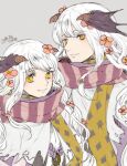  2boys bangs brown_scarf brown_wings closed_mouth commentary_request dated demon_wings flower grey_background hair_flower hair_ornament head_wings long_hair looking_at_viewer male_focus minstrel_(ragnarok_online) multiple_boys multiple_scarves pink_flower ragnarok_online scarf sidelocks simple_background smile striped striped_scarf tokio_(okt0w0) upper_body white_hair wings yellow_eyes yellow_scarf 