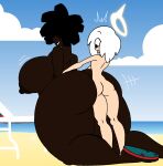  absurd_res all_fours angel angel_humanoid beach big_breasts big_butt black_body black_hair black_skin breasts butt duo female hair hair_over_eye halo hi_res human humanoid long_hair male male/female mammal not_furry nude one_eye_obstructed rear_view rexon02 seaside size_difference thick_thighs white_hair wide_hips 