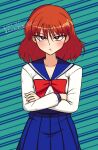  :t an_(sailor_moon) angry bishoujo_senshi_sailor_moon blue_sailor_collar blue_skirt bow highres juuban_middle_school_uniform kouma_bonmaid long_sleeves pleated_skirt red_bow sailor_collar school_uniform serafuku shirt skirt v-shaped_eyebrows white_shirt 