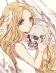  1girl blonde_hair breasts closed_mouth commentary_request dress expressionless feathered_wings holding holding_skull long_hair looking_at_viewer mistress_of_shelter purple_eyes ragnarok_online skull sleeveless sleeveless_dress small_breasts solo tokio_(okt0w0) upper_body white_dress white_wings wings 