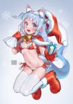  1girl animal_ear_fluff animal_ears bangs bell bikini blue_eyes blue_hair blunt_bangs breasts capelet christmas fish_tail fur_trim gawr_gura gift gradient_hair hat highres hololive hololive_english mittens multicolored_hair nanja navel santa_bikini santa_hat shark_girl shark_tail sharp_teeth side-tie_bikini_bottom small_breasts swimsuit tail teeth thighhighs white_background white_thighhighs 