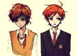  2boys ahoge atoymk black_jacket brown_eyes commentary_request jacket korean_commentary long_sleeves maeda_yuki male_focus multiple_boys necktie open_collar open_mouth orange_hair orange_sweater_vest parted_lips persona red_necktie sanpaku shirt short_hair simple_background super_danganronpa_another_2 sweater_vest undone_necktie utsuro_(danganronpa_another) white_shirt yellow_background 