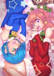  2girls :d aqua_eyes bangs bell black_pantyhose blue_dress blue_eyes blue_gloves blue_hair blue_santa_costume bow brown_hair delicious_party_precure dress earrings elbow_gloves food from_above fur-trimmed_dress fur-trimmed_gloves fur_trim fuwa_kokone gloves green_bow hair_bow hair_ornament hairclip half_gloves highres holding holding_food jewelry jj_(ssspulse) long_hair looking_at_another lying multiple_girls nagomi_yui neck_bell on_side onigiri open_mouth pantyhose precure purple_eyes red_gloves ribbed_dress saliva santa_costume santa_dress short_dress short_hair sleeveless sleeveless_dress smile star_(symbol) star_earrings two_side_up 