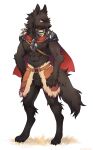  abs absurd_res anthro armor barefoot black_body black_fur canid canine canis clothed clothing crotch_tuft fangs feet fur hi_res looking_at_viewer male mammal miri muscular muscular_anthro muscular_male neckerchief partially_clothed pauldron simple_background solo teeth tuft white_background wolf 