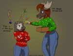  2022 absurd_res anthro antlers blue_clothing blue_eyes brown_body brown_fur brown_hair capreoline christmas christmas_bauble christmas_clothing christmas_lights christmas_sweater christmas_topwear clothing colored deer dialogue duo female fur green_clothing green_eyes hair hi_res holidays horn mammal moose panzerschreckleopard red_clothing reindeer simple_background sweater tan_body tan_fur topwear valentina_(panzerschreckleopard) victoria_(panzerschreckleopard) 