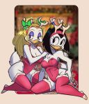  anatid anseriform anthro avian bell big_breasts bird black_hair blonde_hair blurred_background breasts chest_tuft christmas christmas_clothing cleavage clothed clothing duck duo elbow_tuft fake_antlers feathers female female/female gallygallo hair hand_on_hip hand_on_shoulder holidays humanoid inside kneeling legwear looking_at_viewer nipple_outline non-mammal_breasts ribbons thigh_highs tuft white_body white_feathers 
