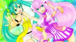  1girl 2girls aqua_hair bangs blackashes blue_eyes commentary_request fingerless_gloves gloves hand_on_hip hand_up headphones long_hair luka_luka_night_fever_(vocaloid) megurine_luka multiple_girls open_mouth painting_(medium) photoshop_(medium) pink_hair project_diva_(series) project_diva_2nd project_diva_extend puffy_short_sleeves puffy_sleeves samfree_(&quot;night&quot;_songs) short_sleeves smile solo swept_bangs traditional_media vocaloid watercolor_(medium) white_gloves yellow_(vocaloid) 