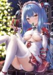  1girl absurdres alternate_costume ass azur_lane black_hair blush breast_cutout breasts capelet christmas christmas_present christmas_tree clothing_cutout commentary_request dress fake_antlers frilled_dress frills fur-trimmed_dress fur-trimmed_sleeves fur_trim gift hand_on_own_chest hands_up head_tilt highres holding holding_gift knees_together_feet_apart knees_up leg_up legs long_hair long_sleeves looking_at_viewer maid_headdress makihige medium_breasts mouth_hold neptune_(azur_lane) neptune_(princess_of_the_reindeers)_(azur_lane) no_bra panties red_capelet ribbon ribbon_in_mouth short_dress sitting skindentation smile solo thighhighs thighs two-tone_dress underboob underboob_cutout underwear unwrapping upskirt very_long_hair white_panties wrist_bow yellow_eyes 
