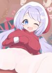  1girl antlers blue_archive blue_eyes breasts christmas fang hanae_(blue_archive) hanae_(christmas)_(blue_archive) highres large_breasts mittens navel one_eye_closed pantyhose purple_hair red_sweater reindeer_antlers skin_fang sora_haru spread_legs sweater twintails white_pantyhose 