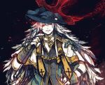  1boy arch_bishop_(ragnarok_online) bangs black_gloves black_shirt blue_coat blue_headwear choker coat commentary_request cross cross_choker fingerless_gloves gloves gold_choker gold_trim grin hair_between_eyes holding holding_cross large_cross long_hair long_sleeves looking_at_viewer male_focus official_alternate_costume open_clothes open_coat ragnarok_online red_eyes shirt smile solo tassel tokio_(okt0w0) upper_body white_hair 