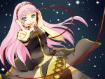  1girl arufa_(th_bluerose) blue_eyes breasts cable commentary_request crop_top highres long_hair looking_at_viewer luka_luka_night_fever_(vocaloid) medium_breasts megurine_luka midriff nail_polish navel pink_hair pink_nails pointing pointing_at_viewer samfree_(&quot;night&quot;_songs) smile solo upper_body vocaloid 