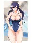  ass_visible_through_thighs bangs bare_shoulders breasts cleavage covered_nipples eden&#039;s_zero hair_between_eyes highleg highleg_leotard highleg_swimsuit highres homura_kogetsu katsuneisenpai large_breasts leotard mole mole_under_eye one-piece_swimsuit purple_hair red_eyes swimsuit thick_thighs thighs wide_hips 