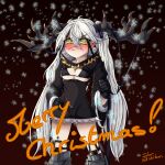  1girl absurdres ahoge antlers artist_name bikini bikini_top_only black_bikini black_cloak black_gloves black_hair black_ribbon blush breasts brown_background cleavage_cutout cloak clothing_cutout destroyer_(dashing_reindeer)_(girls&#039;_frontline) destroyer_(girls&#039;_frontline) english_commentary english_text girls&#039;_frontline gloves hair_between_eyes hand_on_hip highres hip_vent idw_shikikan impossible_clothes large_breasts long_hair merry_christmas metal_boots multicolored_hair reindeer_antlers ribbon smile snowflakes solo streaked_hair swimsuit twintails very_long_hair white_hair wide_sleeves yellow_eyes 