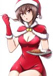  1girl bangs bell breasts brown_eyes brown_hair capelet christmas cleavage cleavage_cutout clothing_cutout commentary curry curry_rice dress eating food fur-trimmed_capelet fur-trimmed_gloves fur_trim girls_und_panzer gloves hat highres holding holding_plate holding_spoon holly looking_at_viewer medium_breasts neck_bell nishizumi_maho omachi_(slabco) open_mouth plate red_capelet red_dress red_gloves red_headwear rice santa_dress santa_gloves santa_hat short_dress short_hair simple_background sitting solo spoon white_background 