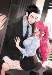  1boy 1girl black_eyes black_suit collared_shirt desk dracule_mihawk drill_hair formal hand_on_another&#039;s_chest hand_on_another&#039;s_thigh hetero joman long_hair necktie office_lady on_desk one_piece pencil_skirt perona pink_hair shirt sitting sitting_on_desk skirt suit white_shirt 