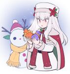  1girl bangs belt black_belt breath cape christmas do_m_kaeru dress fire_emblem fire_emblem:_three_houses fire_emblem_heroes flower fur-trimmed_cape fur-trimmed_headwear fur-trimmed_sleeves fur_trim gift hat hat_flower holding holding_gift long_hair long_sleeves lysithea_von_ordelia official_alternate_costume pink_eyes red_cape red_flower red_scarf scarf snowman solo white_dress white_hair white_headwear 