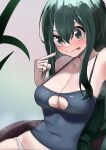  1girl absurdres armpits asui_tsuyu bangs bare_shoulders black_camisole blush boku_no_hero_academia breasts camisole chest_cutout cleavage closed_mouth collarbone commentary_request covered_navel crossed_bangs finger_to_mouth green_eyes green_hair hair_between_eyes hair_over_shoulder head_tilt highres large_breasts looking_at_viewer panties shiny shiny_hair sitting solo thighs tongue tongue_out underwear white_panties zd_(pixiv6210083) 
