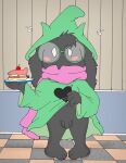  anthro blush bottomless bovid cake caprine clothed clothing clothing_lift deltarune dessert food genitals male mammal nelson88 penis presenting ralsei solo undertale_(series) 