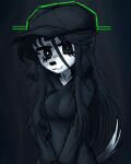  anthro black_background black_body black_eyes black_fur black_hair black_nose breasts bridgette_(thighlordash) canid canine canis clothing dipstick_tail domestic_dog eyelashes female floppy_ears fur green_glow hair half-length_portrait hat headgear headwear hoodie hunting_dog long_hair looking_at_viewer mammal markings multicolored_body multicolored_fur portrait pupils simple_background smile solo tail_markings terrier thighlordash topwear two_tone_body two_tone_fur white_body white_fur white_pupils 