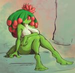  amphibian anthro breasts covering covering_breasts female frog green_body hair hair_over_eye hi_res looking_at_viewer membrane_(anatomy) non-mammal_breasts nude one_eye_obstructed red_eyes sitting solo thwillartz webbed_feet webbed_hands 