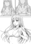  1girl absurdres apple_(luffy123) bangs bra breast_expansion breasts cleavage collarbone greyscale hair_behind_ear hands_on_own_breasts highres korean_commentary large_breasts medium_breasts midriff monochrome navel open_mouth original surprised underwear upper_body 