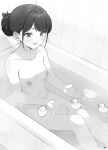  1girl :d bangs bath bathing bathtub blush breasts collarbone commentary_request feet_out_of_frame greyscale groin hair_bun highres indoors knees_up mole mole_under_eye monochrome navel nipples original partially_submerged rubber_duck sitting small_breasts smile solo swept_bangs takenoko_no_you tile_wall tiles water 
