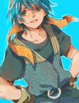  1boy bandana bangs blue_background blue_eyes blue_hair blue_vest brown_gloves chrono_cross commentary_request gloves grey_shirt hair_between_eyes male_focus open_mouth orange_bandana serge_(chrono_cross) shirt short_hair simple_background smile solo tokio_(okt0w0) upper_body vest 