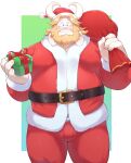  2022 anthro asgore_dreemurr belly blush bottomwear bovid bovine bulge christmas christmas_clothing christmas_headwear clothing gift hat headgear headwear hi_res holidays humanoid_hands male mammal o-ro overweight overweight_male pants santa_claus santa_hat solo undertale_(series) 