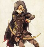  1girl armor arrow_(projectile) bangs blonde_hair bow_(weapon) breastplate brown_cloak brown_pants cloak commentary_request dovahkiin drawing_bow feet_out_of_frame green_eyes hair_between_eyes holding holding_bow_(weapon) holding_weapon hood hood_up hooded_cloak open_mouth pants short_hair solo the_elder_scrolls the_elder_scrolls_v:_skyrim tokio_(okt0w0) weapon 