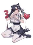  alcohol alternate_costume animal_ears anniversary apron arisaki_(cnxy7525) arm_garter balloon bare_shoulders black_bow black_bowtie black_footwear black_hair black_nails black_skirt bottle bow bowtie cat_ears creature_request cuffs dress drill_hair enmaided eyes_visible_through_hair hair_ornament hair_over_one_eye handcuffs heart heart_balloon heart_hands highres knife long_hair looking_at_viewer maid maid_apron maid_headdress mitsurugi_lia red_eyes shirt shoes simple_background sitting skirt sleeveless sleeveless_dress sleeveless_shirt smile sneakers thighhighs twin_drills twintails virtual_youtuber wactor_production white_apron white_background white_shirt white_thighhighs wine_bottle x_hair_ornament yokozuwari 