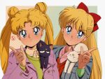  2girls aino_minako artemis_(sailor_moon) bishoujo_senshi_sailor_moon black_cat blonde_hair blue_jacket bow cat derivative_work fritz_willie hair_between_eyes highres jacket luna_(sailor_moon) multiple_girls red_bow screencap_redraw smile tsukino_usagi white_cat 