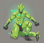  anthro black_sclera croxot dinosaur erection future_pokemon generation_9_pokemon genitals glistening glistening_body green_body green_eyes hi_res humanoid_genitalia humanoid_penis iron_thorns kneeling machine male metallic_body nintendo nude on_one_knee paradox_pokemon penis pokemon pokemon_(species) reptile robot scalie simple_background solo 