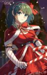  1girl artist_name bangs belt blue_eyes blue_hair blush bow breasts byleth_(fire_emblem) byleth_(fire_emblem)_(female) candy candy_cane capelet chocojax christmas cleavage cleavage_cutout clothing_cutout confetti cowboy_shot dress earrings elbow_gloves fire_emblem fire_emblem:_three_houses food gloves headband highres holding holding_candy holding_candy_cane holding_food jewelry looking_at_viewer medium_hair outdoors patreon_logo red_dress solo tree twitch_logo twitter_logo 